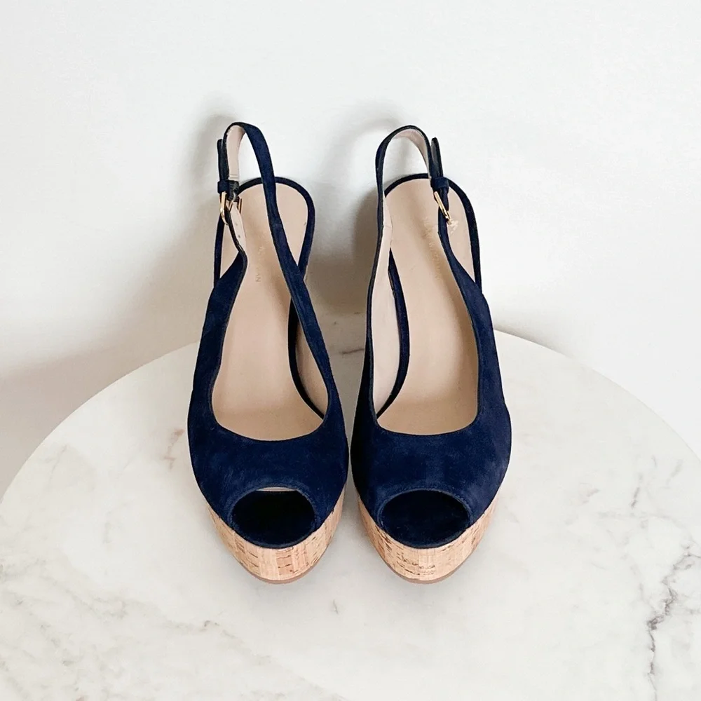 NEW STUART WEITZMAN Jean Suede Slingback Wedge Sandals Navy Blue Size 11.5 - Picture 5 of 10